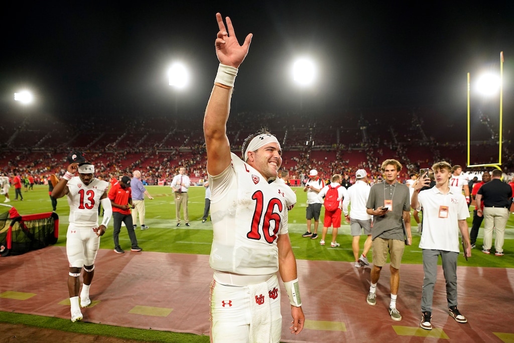 (Mark J. Terrill | AP Photo) Utah quarterback Bryson Barnes waves to fans after Utah defeated Southern California 34-32 in an NCAA college football game Saturday, Oct. 21, 2023, in Los Angeles.