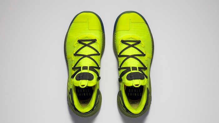 This undated image provided by Under Armour shows the shoes that Golden State Warriors' Stephen Curry will wear during the 68th NBA All-Star basketball game in Charlotte, N.C., on Sunday, Feb. 17, 2019. (Adidas via AP)