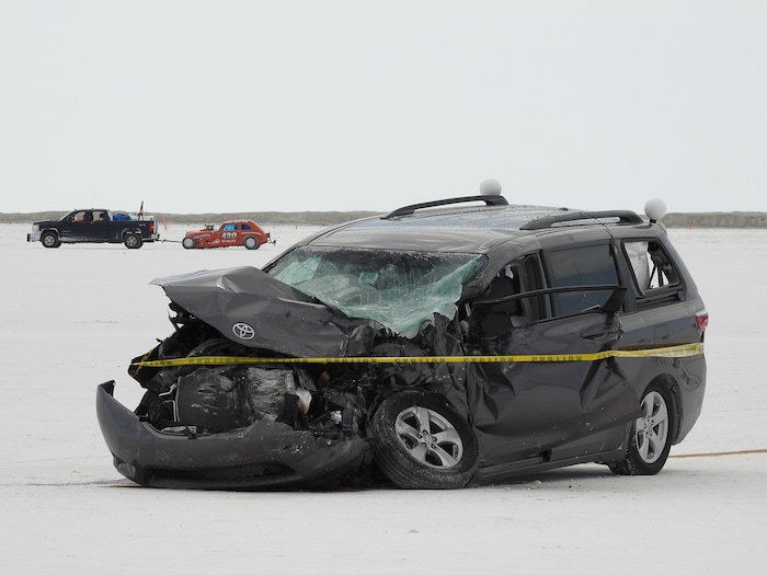 (Francisco Kjolseth | The Salt Lake Tribune) Utah's Bonneville Salt Flats turned deadly on the sidelines of Speed Week following a head-on collision between two vehicles carrying support crew traveling between the pits and the entrance to the salt along the access road on Wednesday, Aug. 16, 2017. One person was killed and five injured, all of whom were said to be members of support crews for racing drivers.