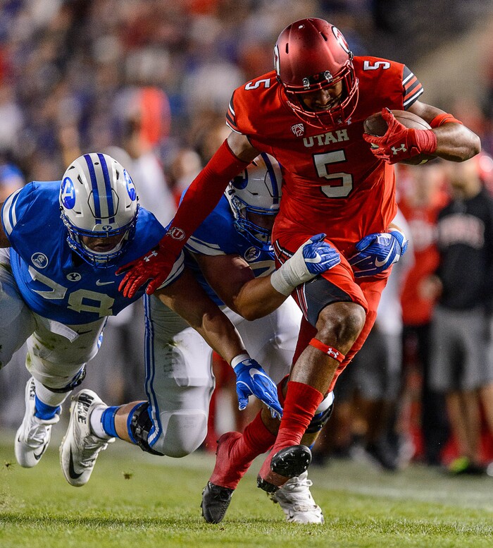 (Trent Nelson | The Salt Lake Tribune)  Utah Utes linebacker Kavika Luafatasaga (5) runs back an apparent turnover in the first quarter as BYU hosts Utah, NCAA football in Provo, Saturday September 9, 2017. The ball was returned to BYU by officials.
