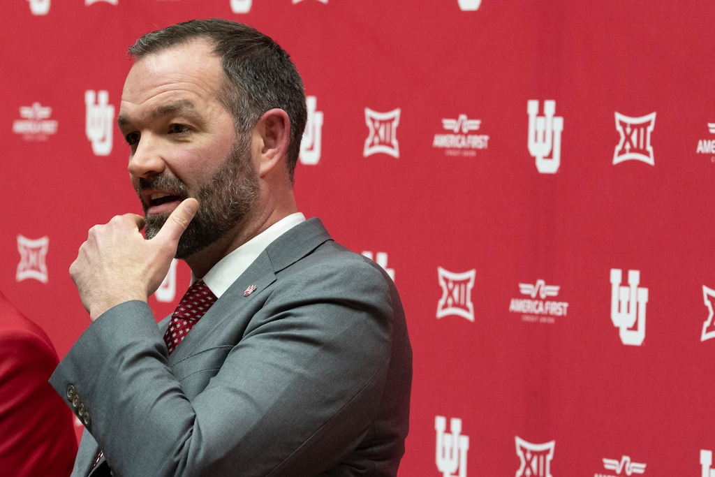 (Francisco Kjolseth  | The Salt Lake Tribune) Former Ute player Alex Jensen, answers questions as he is formally introduced as new head coach of the Utah men’s basketball team at the Huntsman Center on Monday, March 17, 2025.