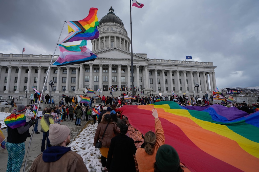 (Francisco Kjolseth | The Salt Lake Tribune) The Utah Pride Center sponsors a protest at the Utah Capitol over HB77, a bill that bans pride flags from Utah schools and government property, on the last day of the Legislative session, Friday, March 7, 2025.