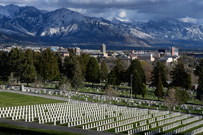 (Scott Sommerdorf | The Salt Lake Tribune)
The Salt Lake City Cemetery, Friday, April 13, 2018. The cemetery is historic, beloved by relatives, neighbors, nature and recreation lovers -- and needs about $27 million in repairs, improvements and financial aid. The city is reviewing a master plan to make fixes and improvements. 
