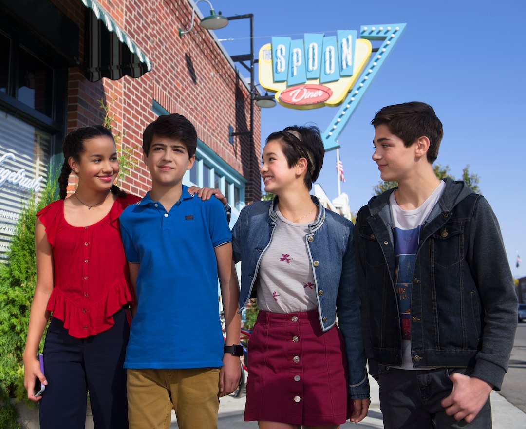 (Photo courtesy Fred Hayes/Disney Channel) Sofia Wylie, Joshua Rush, Peyton Elizabeth Lee and Asher Angel in Magna during the filming of “Andi Mack.”