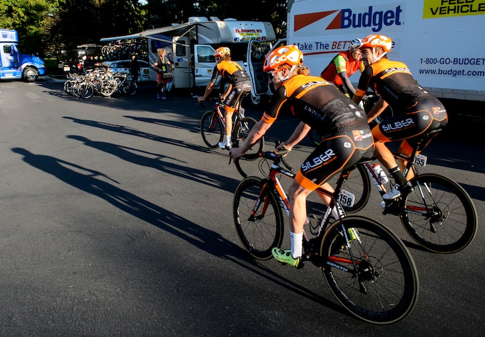 Steve Griffin  |  The Salt Lake TribuneRiders warm-up in downtown Logan, Utah prior to the start of Stage 1 of the Tour of Utah bicycle race from Logan to Bear Lake and back to Logan Monday July 31, 2017.