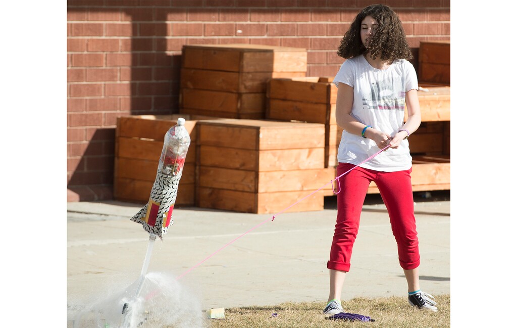(Rick Egan | The Salt Lake Tribune) Mateya Celis launches a rocket during eigth grade science class at Lakeridge Jr High, Thursday, Feb. 5, 2015.