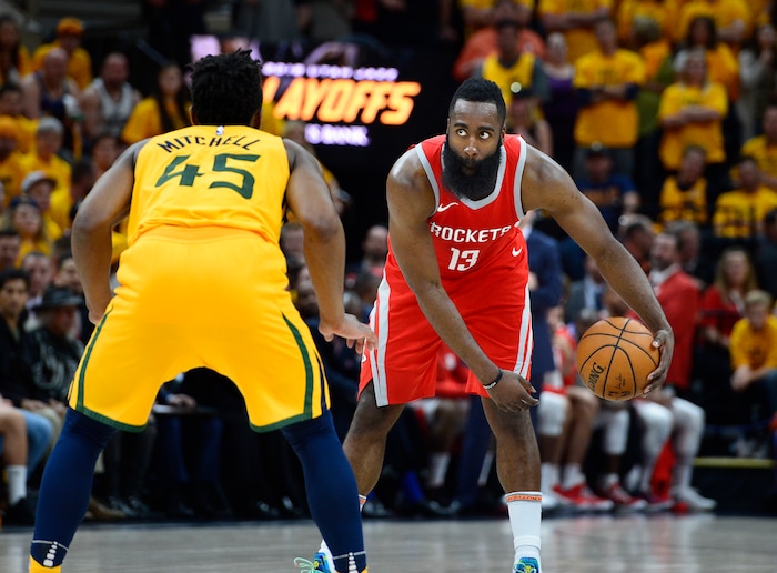 (Scott Sommerdorf | The Salt Lake Tribune)
Houston Rockets guard James Harden (13) begins setting up a one on one move against Utah Jazz guard Donovan Mitchell (45). The Rockets beat the Jazz 100-87, Sunday, May 6, 2018.
