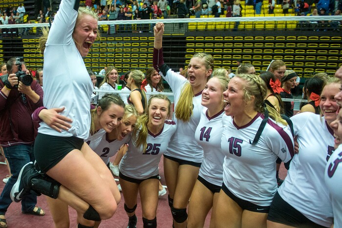 (Chris Detrick  |  The Salt Lake Tribune)  Members of the Morgan Trojans celebrate after winning the 3A volleyball state championships at the UCCU Center at Utah Valley University Thursday, October 26, 2017.  Morgan defeated North Sanpete 3-0.
