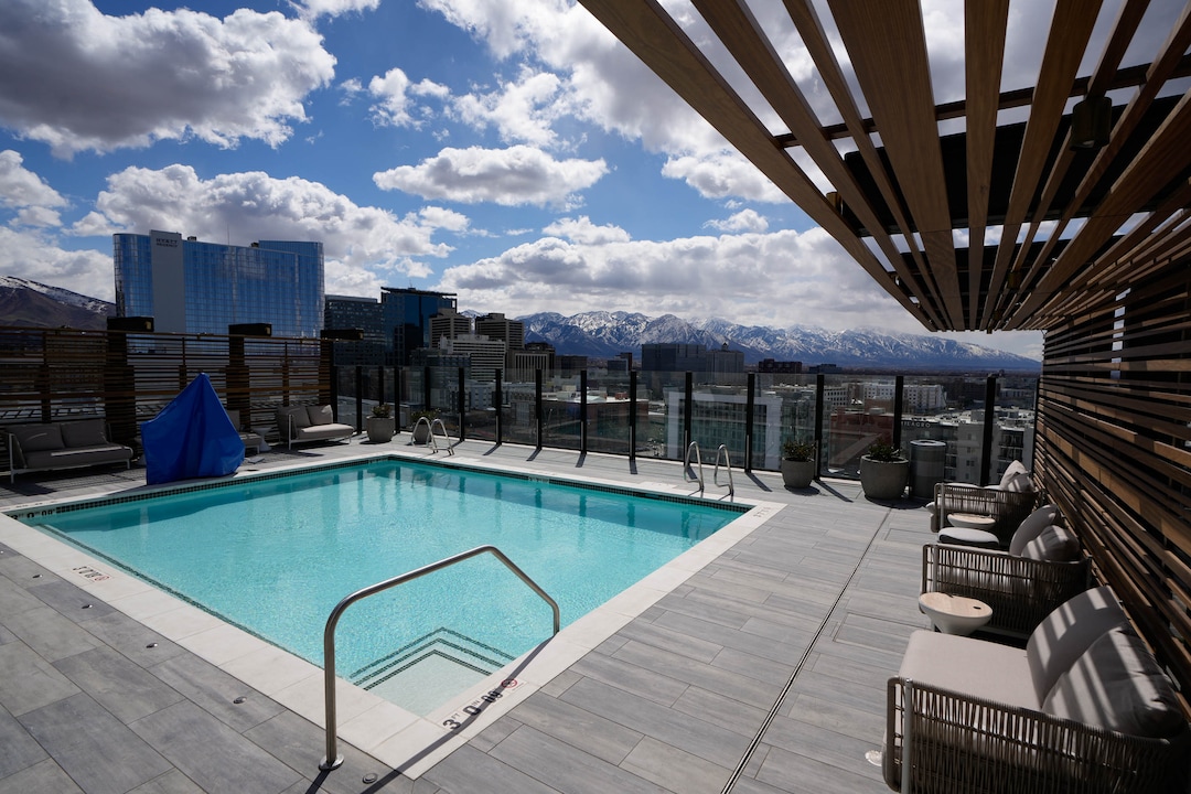 (Francisco Kjolseth | The Salt Lake Tribune) A saline pool is featured in a new residential and hospitality center known West Quarter, located at 100 South and 300 West in Salt Lake City, opened on Wednesday. It includes 240 luxury apartments in a tower called The Charles and 272 guest rooms spread over two hotels, Le Meridien and Element, along with several restaurants and soon-to-be opened retail outlets at ground level.