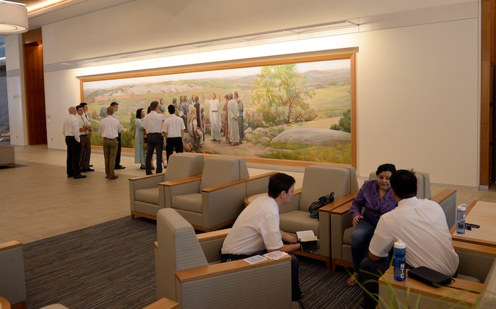 Al Hartmann  |  The Salt Lake TribuneLarge, open entrance with artwork  at the building at the Missionary Training Center in Provo Wednesday July 26.  It opened in June. 
