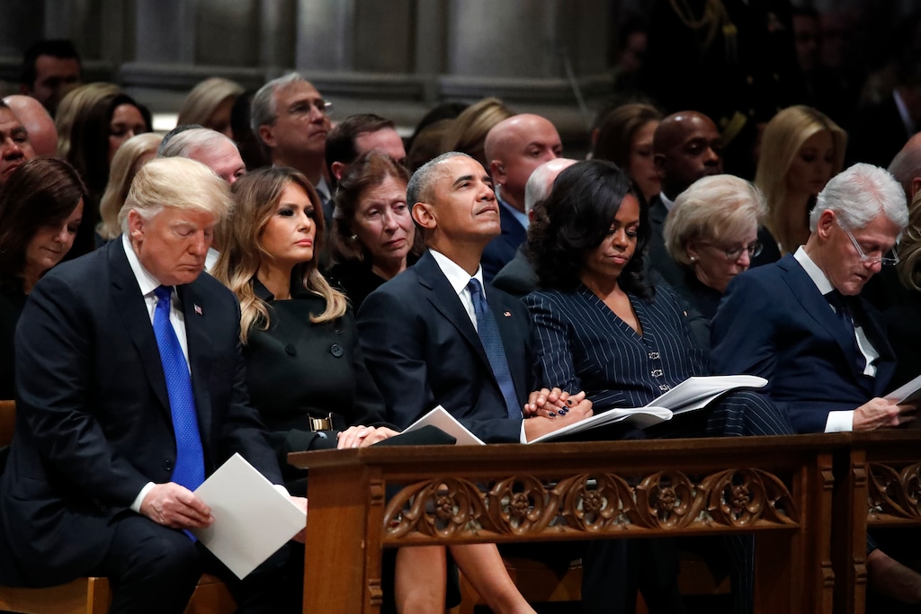 (Alex Brandon | The Associated Press) From left, President Donald Trump, first lady Melania Trump, former President Barack Obama, Michelle Obama, and former President Bill Clinton listen during a State Funeral at the National Cathedral, Wednesday, Dec. 5, 2018, in Washington, for former President George H.W. Bush.