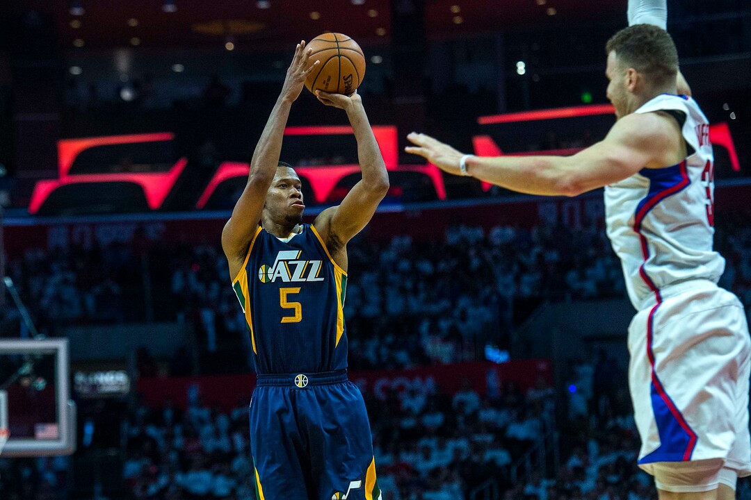 Chris Detrick  |  The Salt Lake TribuneUtah Jazz guard Rodney Hood (5) shoots past LA Clippers forward Blake Griffin (32) during Game 1 of the Western Conference at the Staples Center Saturday, April 15, 2017.  Utah Jazz defeated LA Clippers 97-95.