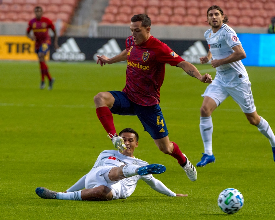(Rick Egan  |  The Salt Lake Tribune)  Real Salt Lake defender Donny Toia (4) goes for the ball as Los Angeles FC defender Andy Najar defends, in MLS soccer action between Real Salt Lake and Los Angeles FC at Rio Tinto Stadium, on Wednesday, Sept. 9, 2020.
