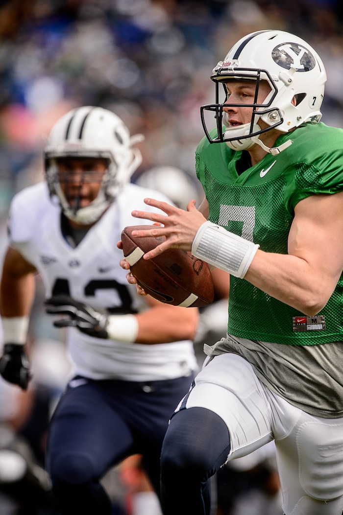 Trent Nelson  |  The Salt Lake TribuneBYU's Beau Hoge during BYU's Blue and White spring football game in Provo, Saturday March 26, 2016.