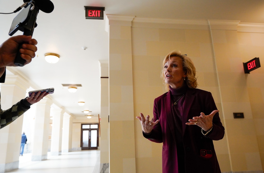 (Chris Samuels | The Salt Lake Tribune) State Auditor Tina Cannon speaks to reporters at the Capitol in Salt Lake City, Friday, March 7, 2025, regarding SB143, which would remove the auditor’s office from the main Capitol building.