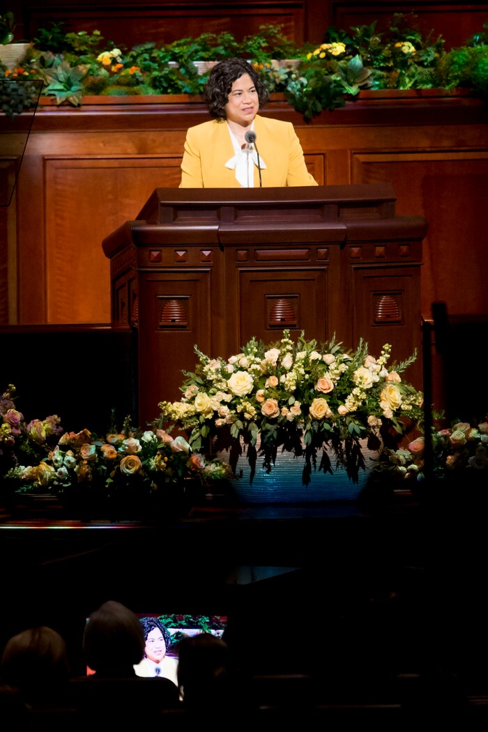 (Jeremy Harmon  |  The Salt Lake Tribune)  Sister Reyna I. Aburto speaks during the Sunday morning session of General Conference on April 1, 2018.