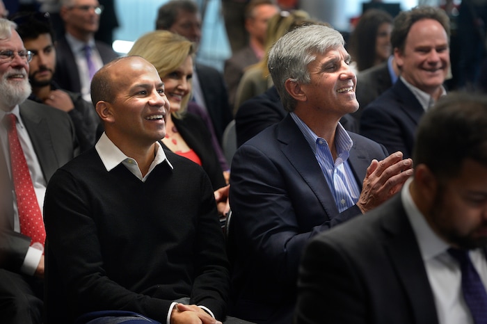 (Scott Sommerdorf | The Salt Lake Tribune)
Olympians Derek Parra, left and Eric Heiden, applaud as members of the newly-announced Olympic/Paralympic Exploratory Committee (OEC) met with members of the media to outline their reasons for exploring the possibility of hosting a future Olympic Winter Games, Thursday, October 19, 2017.