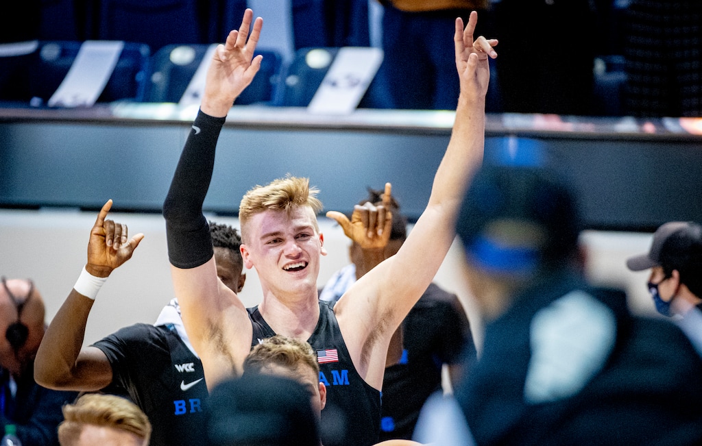 (Isaac Hale | Special to The Tribune) Brigham Young University forward Matt Haarms (3) greets the crowd after the BYU Cougars’ 65-51 win over the Saint Mary’s College of California Gaels at the Marriott Center in Provo on Saturday, Feb. 27, 2021.