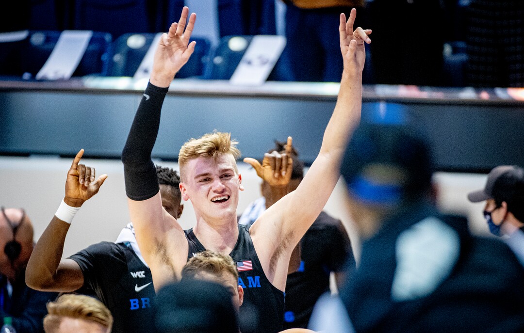 (Isaac Hale | Special to The Tribune) Brigham Young University forward Matt Haarms (3) greets the crowd after the BYU Cougars’ 65-51 win over the Saint Mary’s College of California Gaels at the Marriott Center in Provo on Saturday, Feb. 27, 2021.