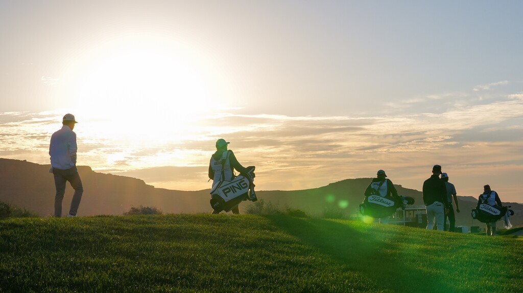 (Chris Samuels | The Salt Lake Tribune) Players walk down the 18th hole during the first round of the Black Desert Championship PGA Tour golf tournament in Ivins, Friday, Oct. 11, 2024.
