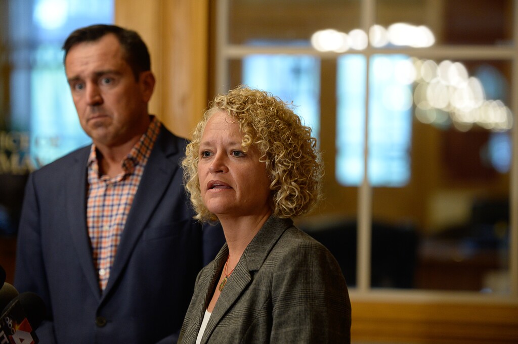 (Francisco Kjolseth  |  The Salt Lake Tribune)  Salt Lake City Mayor Jackie Biskupski and House Speaker Greg Hughes hold a press conference at the City and County Building regarding Operation Rio Grande on Thursday, Aug. 31, 21017. Mayor Biskupski says Rio Grande St. will be closed to vehicle traffic on Friday.