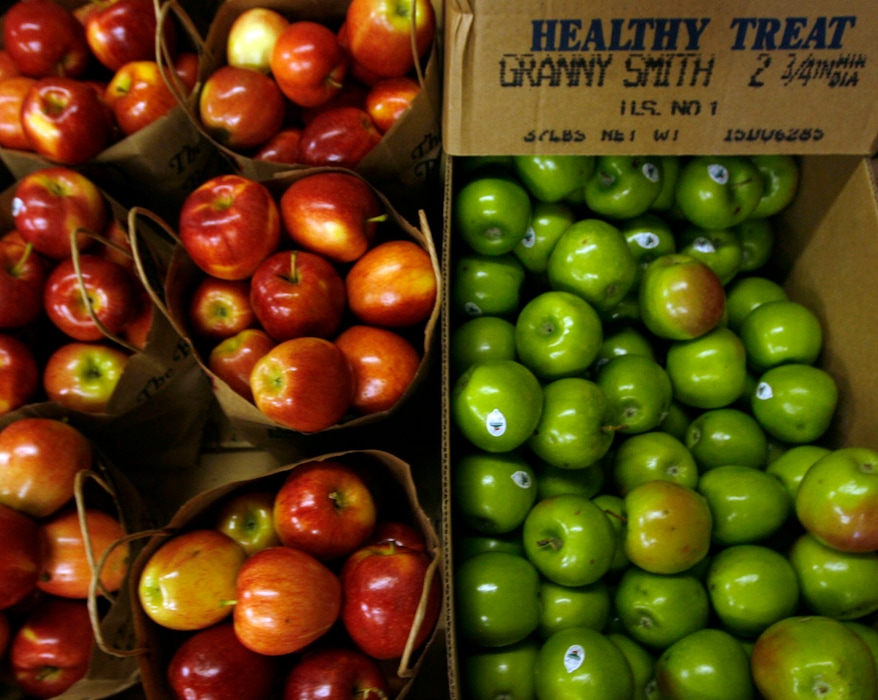 Photo by Leah Hogsten | The Salt Lake Tribune
Above, Fuji and Granny Smith apples.
Southridge Farms for a story on places to purchase Utah-made products from people who make them.
