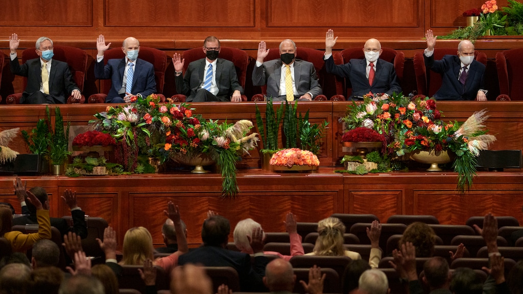 (Leah Hogsten | The Salt Lake Tribune) General authorities of The Church of Jesus Christ of Latter-day Saints cast their sustaining votes during the 191st Semiannual General Conference at the Conference Center in Salt Lake City on Saturday, Oct. 2, 2021.