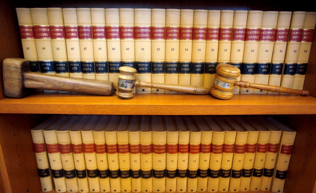 FILE--In this July 14, 2010, file photo, gavels and law books are shown in the office of California Supreme Court Chief Justice Ronald George at his office in San Francisco. (AP Photo/Jeff Chiu, file)