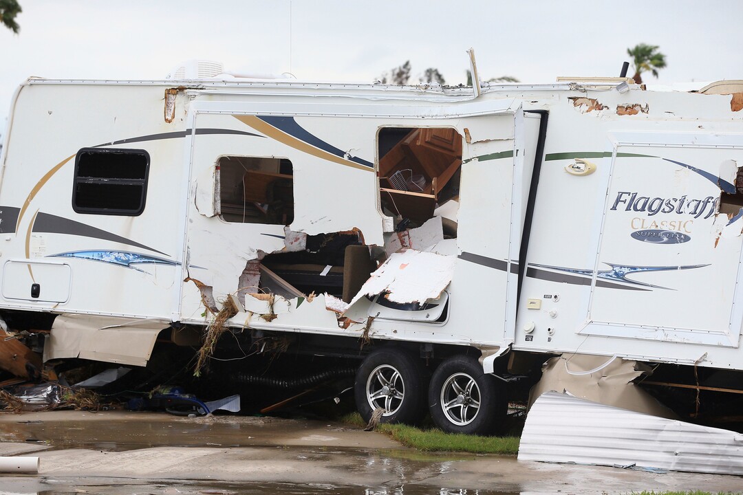 (Gabe Hernandez | Corpus Christi Caller-Times via AP) Mobile homes are destroyed at an RV park after Hurricane Harvey landed in the Coast Bend area on Saturday, Aug. 26, 2017, in Port Aransas, Texas. The National Hurricane Center has downgraded Harvey from a Category 1 hurricane to a tropical storm. Harvey came ashore Friday along the Texas Gulf Coast as a Category 4 storm with 130 mph winds, the most powerful hurricane to hit the U.S. in more than a decade.