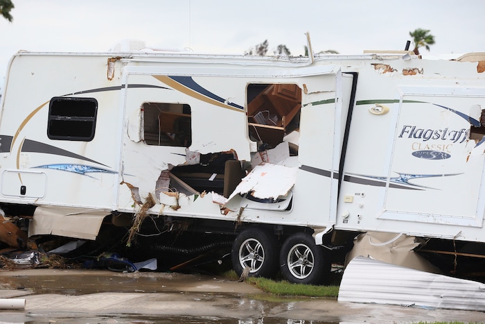(Gabe Hernandez | Corpus Christi Caller-Times via AP) Mobile homes are destroyed at an RV park after Hurricane Harvey landed in the Coast Bend area on Saturday, Aug. 26, 2017, in Port Aransas, Texas. The National Hurricane Center has downgraded Harvey from a Category 1 hurricane to a tropical storm. Harvey came ashore Friday along the Texas Gulf Coast as a Category 4 storm with 130 mph winds, the most powerful hurricane to hit the U.S. in more than a decade.