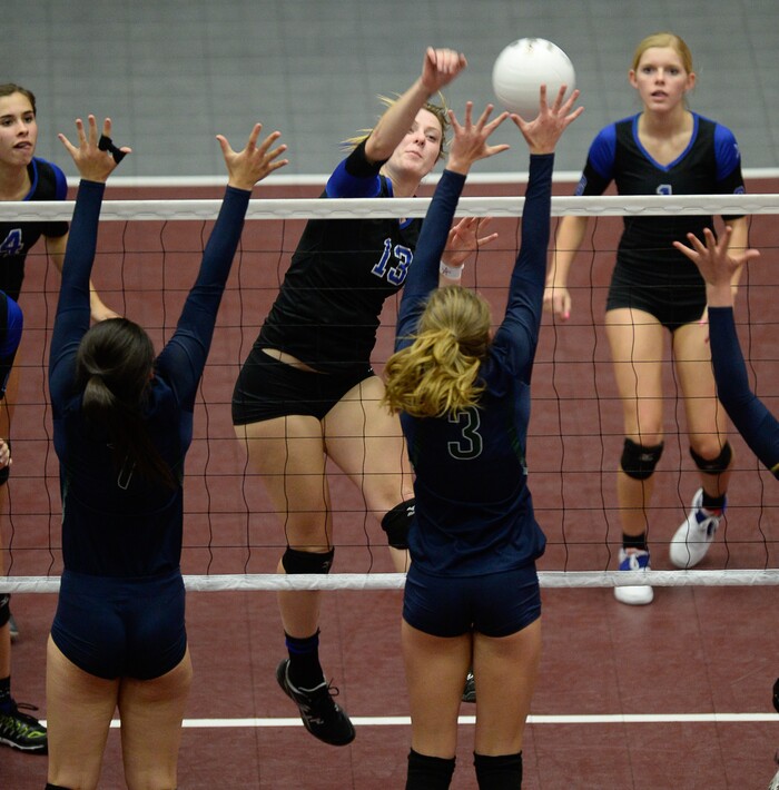 (Francisco Kjolseth  |  The Salt Lake Tribune)  Pleasant Grove battles Syracuse in their quarterfinal match at the UCCU Center at Utah Valley University on Thursday, Nov. 2, 2017. Pleasant Grove went on to win in three straight sets.
