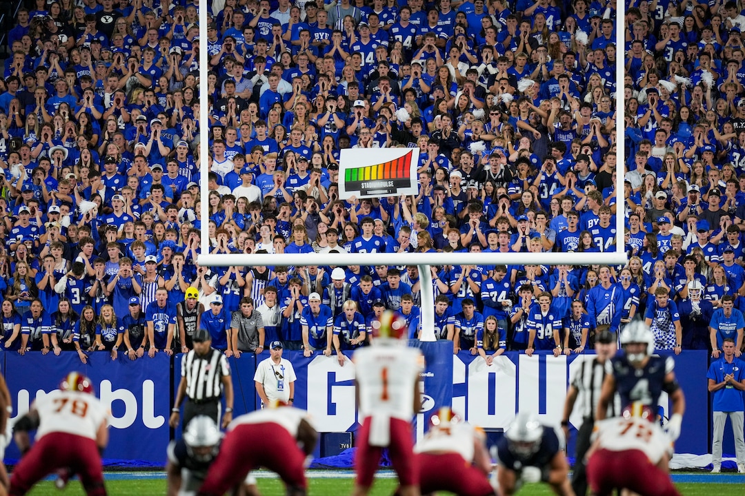 (Bethany Baker  |  The Salt Lake Tribune) BYU Cougars cheer during the game between the BYU Cougars and the Iowa State Cyclones in Provo on Friday, Oct. 9, 2026.