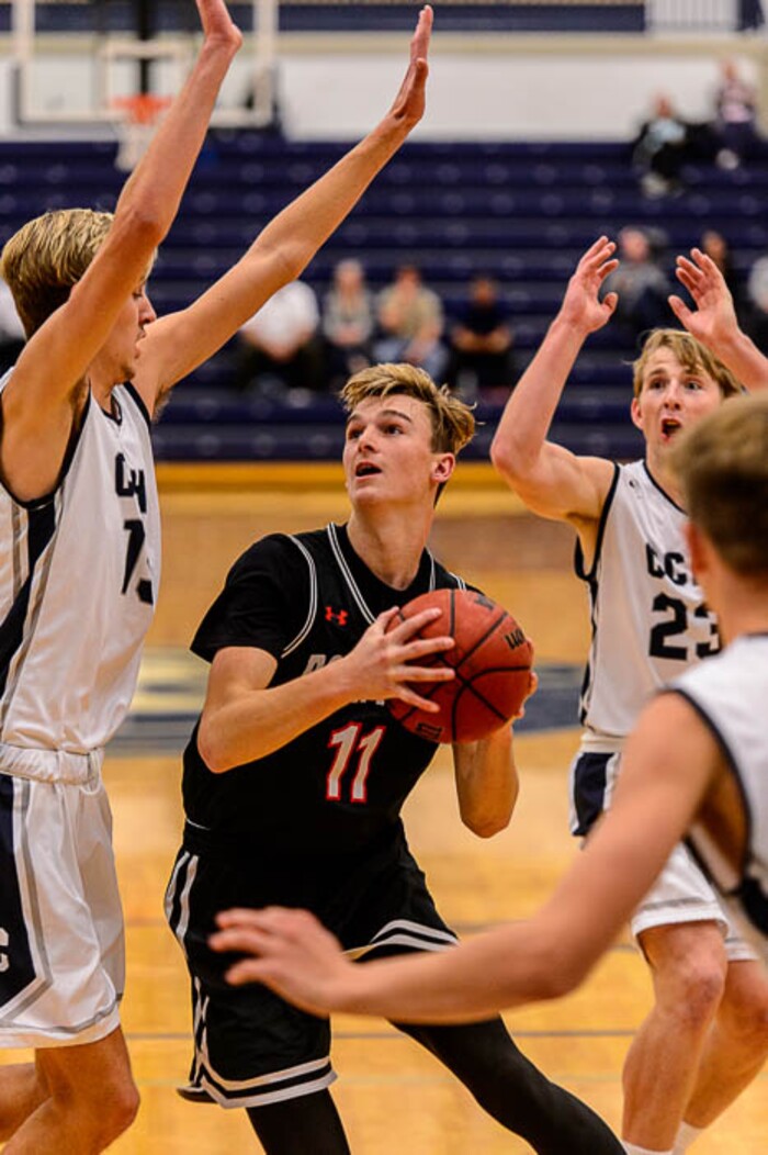(Trent Nelson | The Salt Lake Tribune)  Bountiful's Garrett Buchanan (11) as Corner Canyon faces Bountiful in the title game of the Corner Canyon Tournament of Champions, high school boys' basketball in Draper, Saturday December 2, 2017.