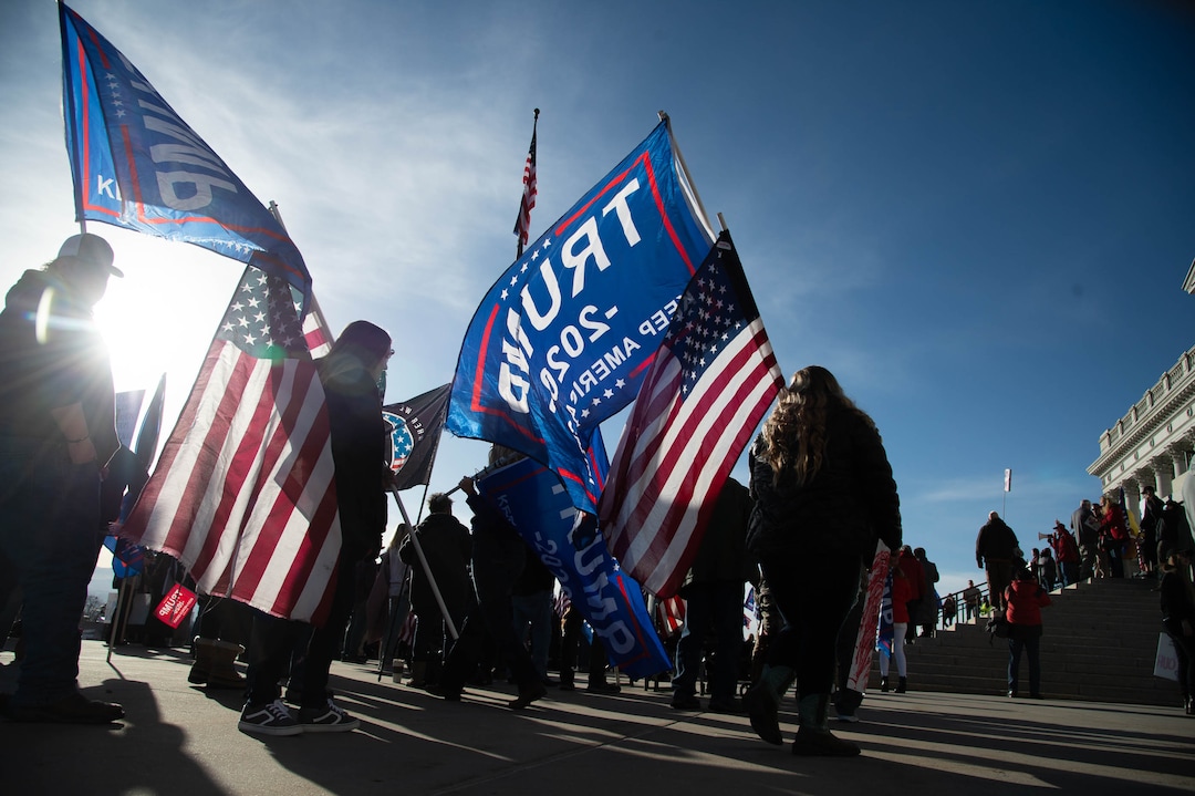 (Francisco Kjolseth  | The Salt Lake Tribune) Trump supporters listen to speeches at the State Capitol in Salt Lake City on Wednesday, Jan. 6, 2021.
