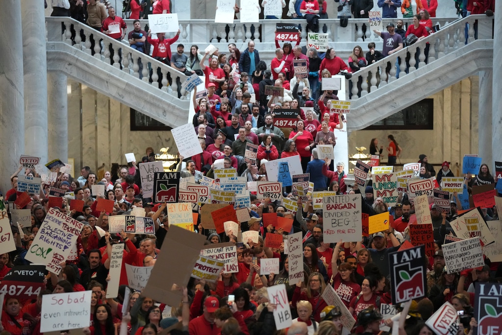 (Bethany Baker  |  The Salt Lake Tribune) Union supporters gather during a protest against HB267 at the Utah Capitol in Salt Lake City on Friday, Feb. 7, 2025.