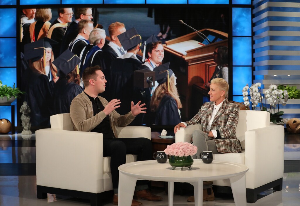 (Photo courtesy Michael Rozman/Warner Bros.) Gay BYU graduate Matthew Easton is interviewed by Ellen DeGeneres on her nationally syndicated talk show.