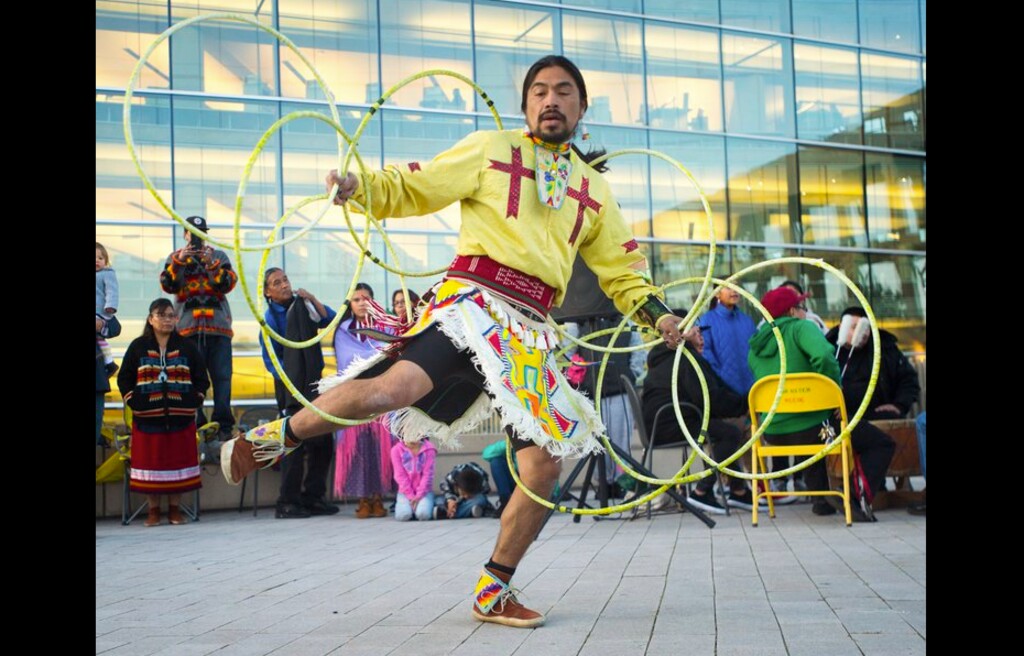 (Rick Egan | Tribune file photo) Carl Moore, performs a hoop dance, during the Indigenous Peoples Day celebration, hosted by the Utah League of Native American Voters and PANDOS (Peaceful Advocates for Native Dialogue and Organizing Support) at the Salt Lake City Library, Monday, October 9, 2017.