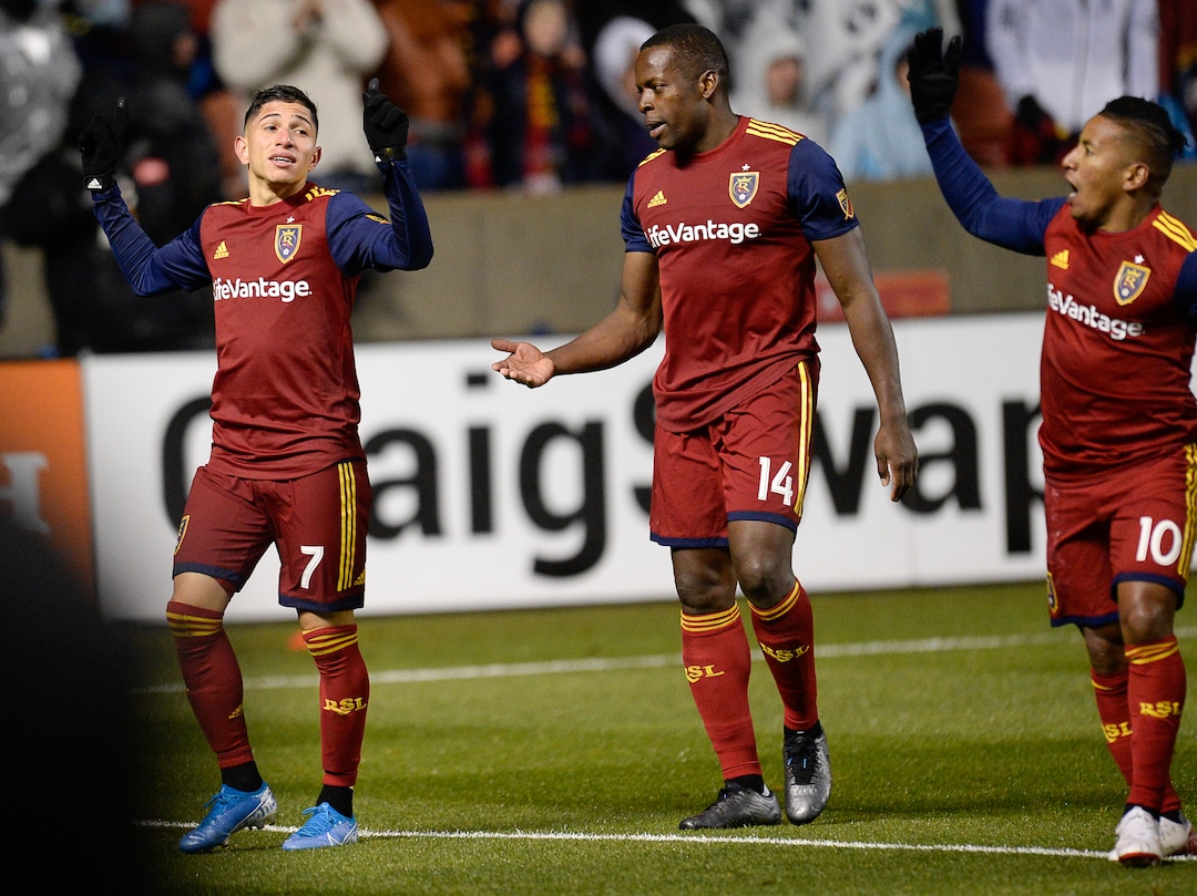 (Francisco Kjolseth  |  The Salt Lake Tribune)  Real Salt Lake forward Jefferson Savarino (7) celebrates the teams second goal to jump ahead 2-1 as Real Salt Lake and the Portland Timbers play in their first MLS playoff game at Rio Tinto Stadium in Sandy, Utah on Saturday, Oct. 19, 2019.