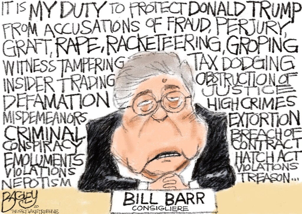 (Pat Bagley | The Salt Lake Tribune) This cartoon, titled "Lowering the Barr," appears in The Salt Lake Tribune on Friday, Sept. 11, 2020.