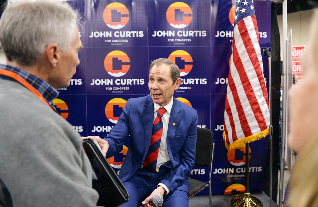 (Chris Samuels | The Salt Lake Tribune) U.S. Rep. John Curtis speaks with delegates at the Utah Republican Party nominating convention, Saturday, April 23, 2022 in Sandy. Curtis, along with Utah Reps. Blake Moore, Chris Stewart and Burgess Owens, voted on July 19, 2022, to approve a U.S. House resolution that would codify same-sex marriage in the United States.