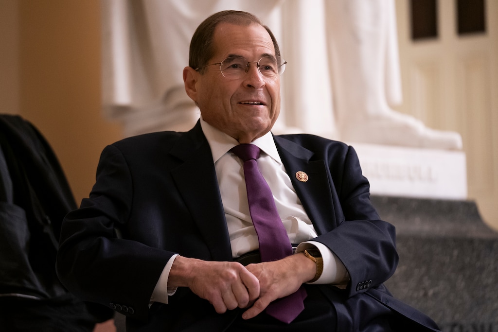 House Judiciary Committee Chairman Jerrold Nadler, D-N.Y., prepares for a tv news interview at the Capitol in Washington, Friday, July 26, 2019. Nadler says his panel also will go to court next week to try to enforce a subpoena against former White House counsel Donald McGahn, a key Mueller witness. (AP Photo/J. Scott Applewhite)