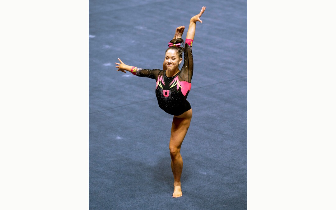 (Rick Egan | The Salt Lake Tribune) Jaylene Gilstrap performs on the floor, in PAC-12 gymnastics action Utah vs Arizona, at the Huntsman Center onSaturday, Jan. 23, 2021.