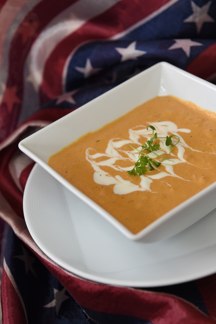 (Francisco Kjolseth  |  The Salt Lake Tribune)   The Encore Bistro at Eccles Theater is serving a menu of "Hamilton" era-inspired food, such as pumpkin soup topped with hazelnut creme fraiche.