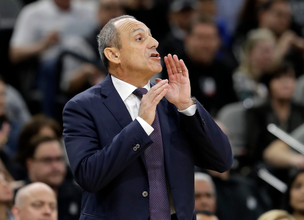 (Eric Gay  |  AP file photo) Olimpia Milano head coach Ettore Messina, shown with the San Antonio Spurs on April 19, 2018, is rumored to be a candidate to join Will Hardy's Utah Jazz staff as an assistant coach.