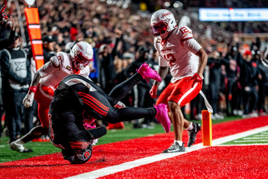 (Trent Nelson  |  The Salt Lake Tribune) Utah Utes running back Wayshawn Parker (1) slides out of bounds as Utah hosts Houston, NCAA football at Rice-Eccles Stadium in Salt Lake City on Saturday, Oct. 24, 2026.