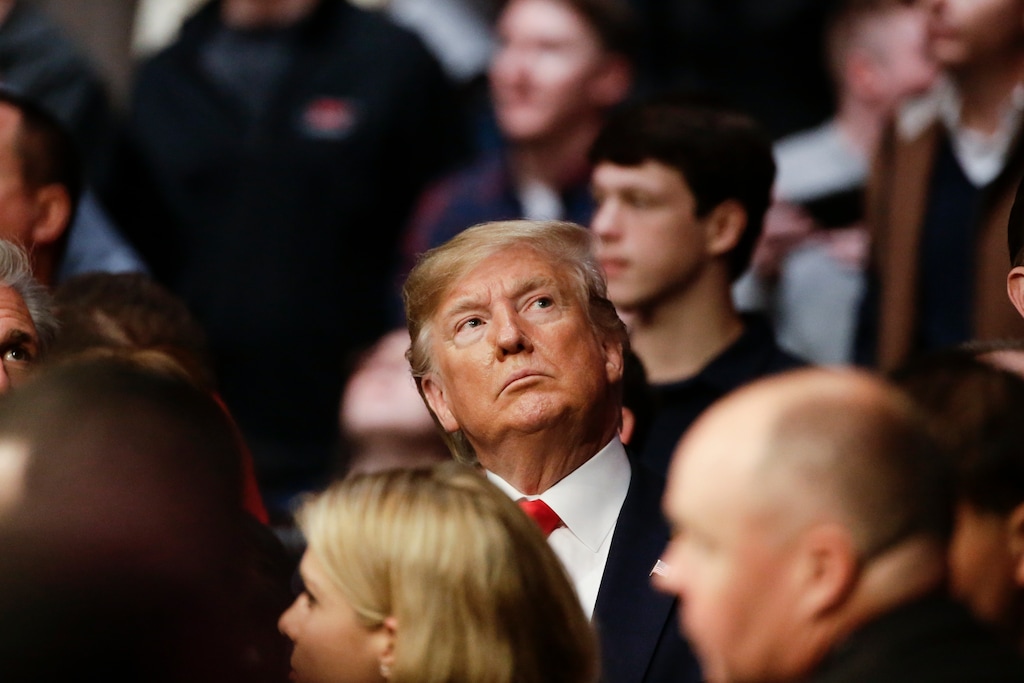 President Donald Trump watches a replay of a lightweight mixed martial arts bout between Kevin Lee and Gregor Gillespie at UFC 244, Saturday, Nov. 2, 2019, in New York. Lee stopped Gillespie in the first round. (AP Photo/Frank Franklin II)