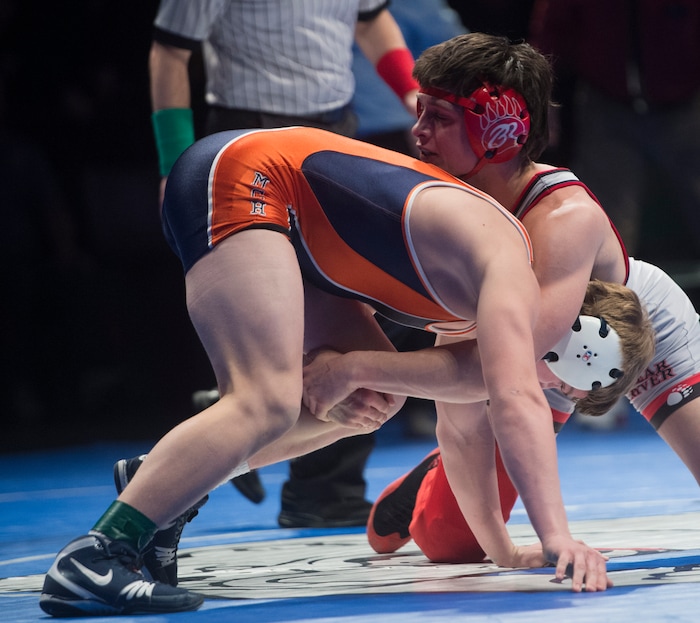 (Rick Egan  |  The Salt Lake Tribune)   Kaygen Canfield (Bear River) wrestles Brayden Guthrie (Mountain Crest) in the (Dec 1-0)4A 152  in the 3A State Wrestling Championship at UVU in Orem, Saturday, February 10, 2018.