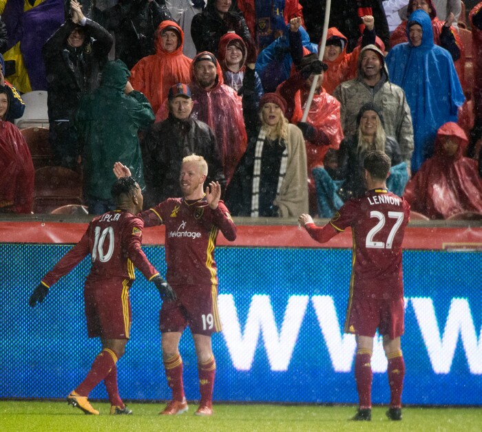 (Rick Egan  |  The Salt Lake Tribune)  Real Salt Lake midfielder Luke Mulholland (19) celebrates by doing a dance with Real Salt Lake forward Joao Plata (10), after scoring a goal, in MLS soccer action, Real Salt Lake vs Seattle Sounders, in Sandy, Saturday, September 23, 2017.