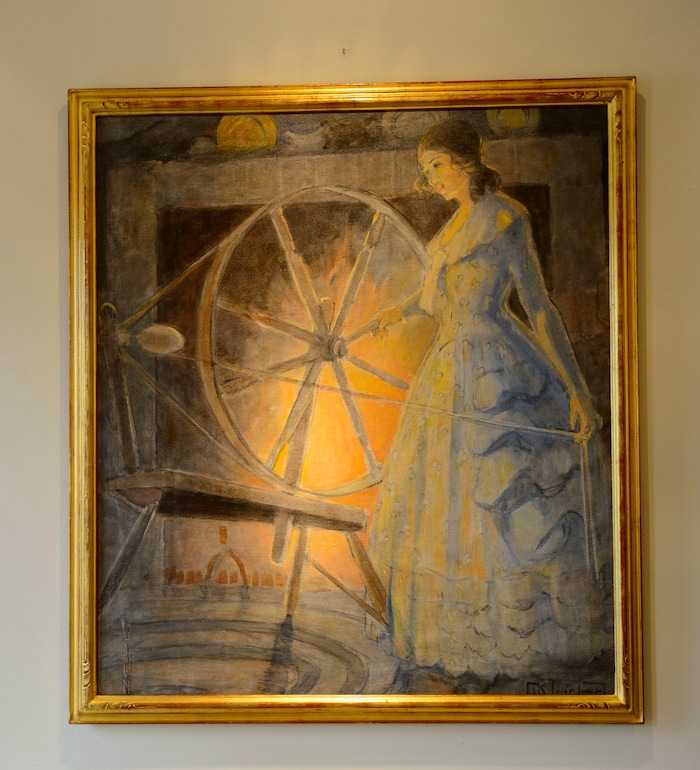 (Steve Griffin  |  The Salt Lake Tribune) This Minerva Teichert painting iis one of 11 historic Utah paintings on sale in a sealed-bid auction for the Logan City School District. The paintings are on display at Dave Ericson Fine Art in Salt Lake City.