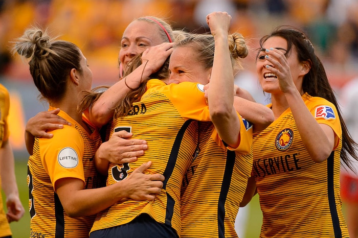 (Trent Nelson | The Salt Lake Tribune)
Utah Royals vs. Washington Spirit, soccer at Rio Tinto Stadium in Sandy, Saturday May 5, 2018. Royals players celebrate a goal by Utah Royals FC defender Kelley O'Hara (5).